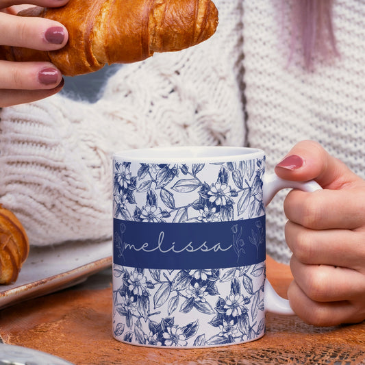 Personalized Floral Coffee Mug Blue Wildflowers Tea Cup, Mothers Day and Birthdays gift idea