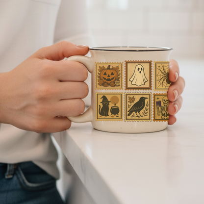 Vintage Halloween Camping Mug Gift Pumpkins, Ghost and Cats
