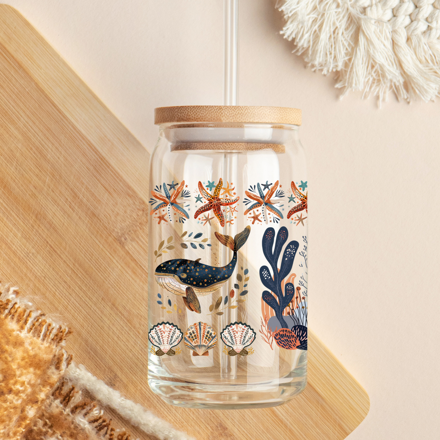 Coastal Whale and Starfish Glass Tumbler Perfect for Beach House Drinkware