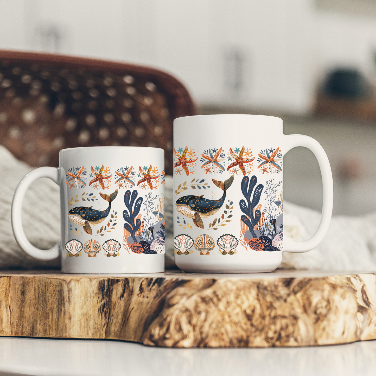 Coastal Marine Life Mug - Whales and Starfish Art Cup for Ocean and beach Lover Gift