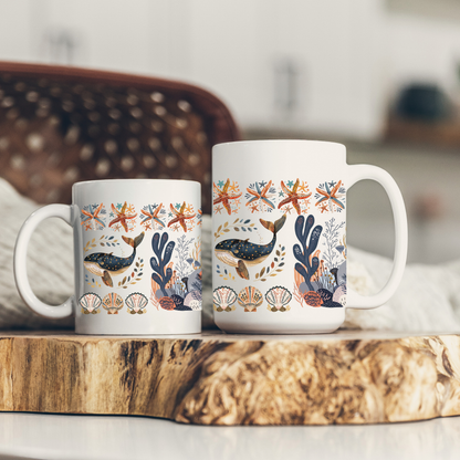 Coastal Marine Life Mug - Whales and Starfish Art Cup for Ocean and beach Lover Gift
