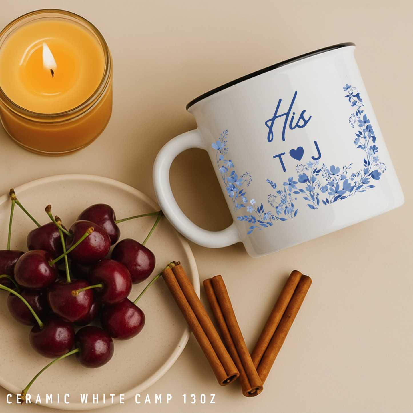 Personalized Engagement Gift Mug - His and Hers Blue Floral - Custom Wedding Gift for Couple