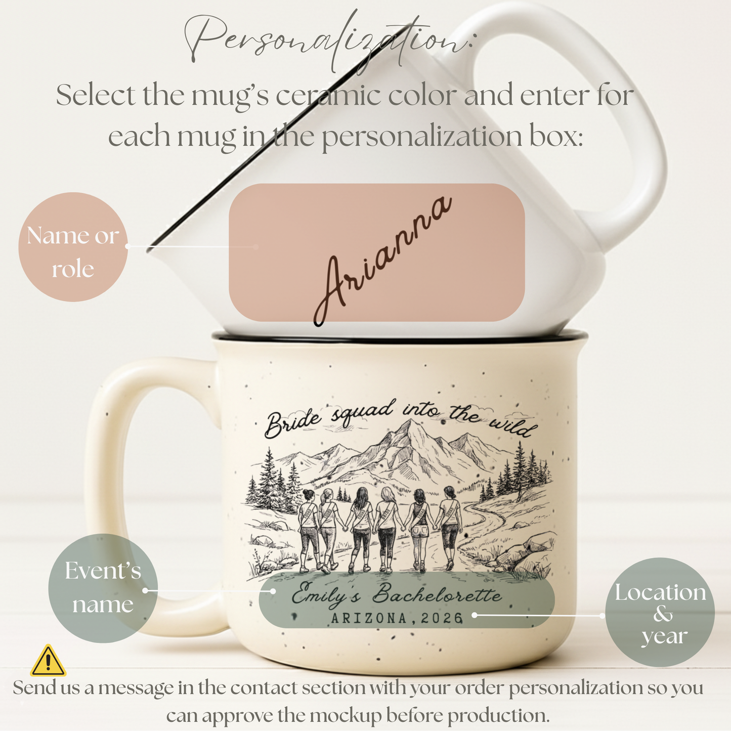 Personalized Bachelorette Mug - Custom Camping Bridesmaid Proposal Gift - Rustic Wedding Cup