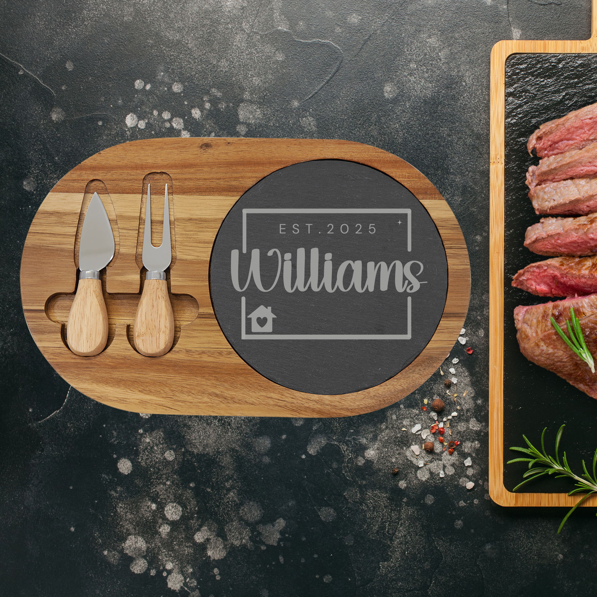 Wooden cutting board with engraved name, knife, and fork on a dark surface with sliced meat.